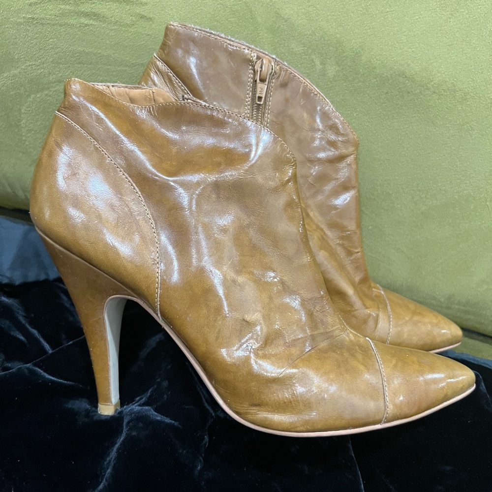 BCBGirls Cognac Pointed-Toe Leather Ankle Booties